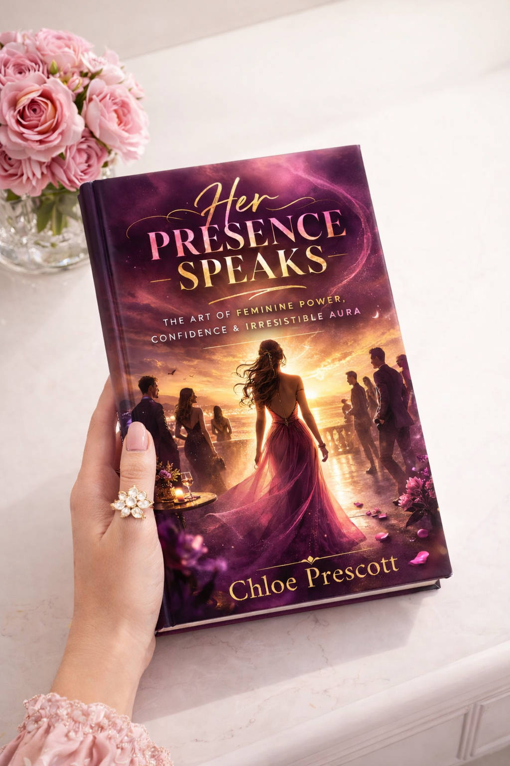 Book titled 'Her Presence Speaks' by Chloe Prescott held by a hand with a ring, on a surface with pink flowers in the background.
