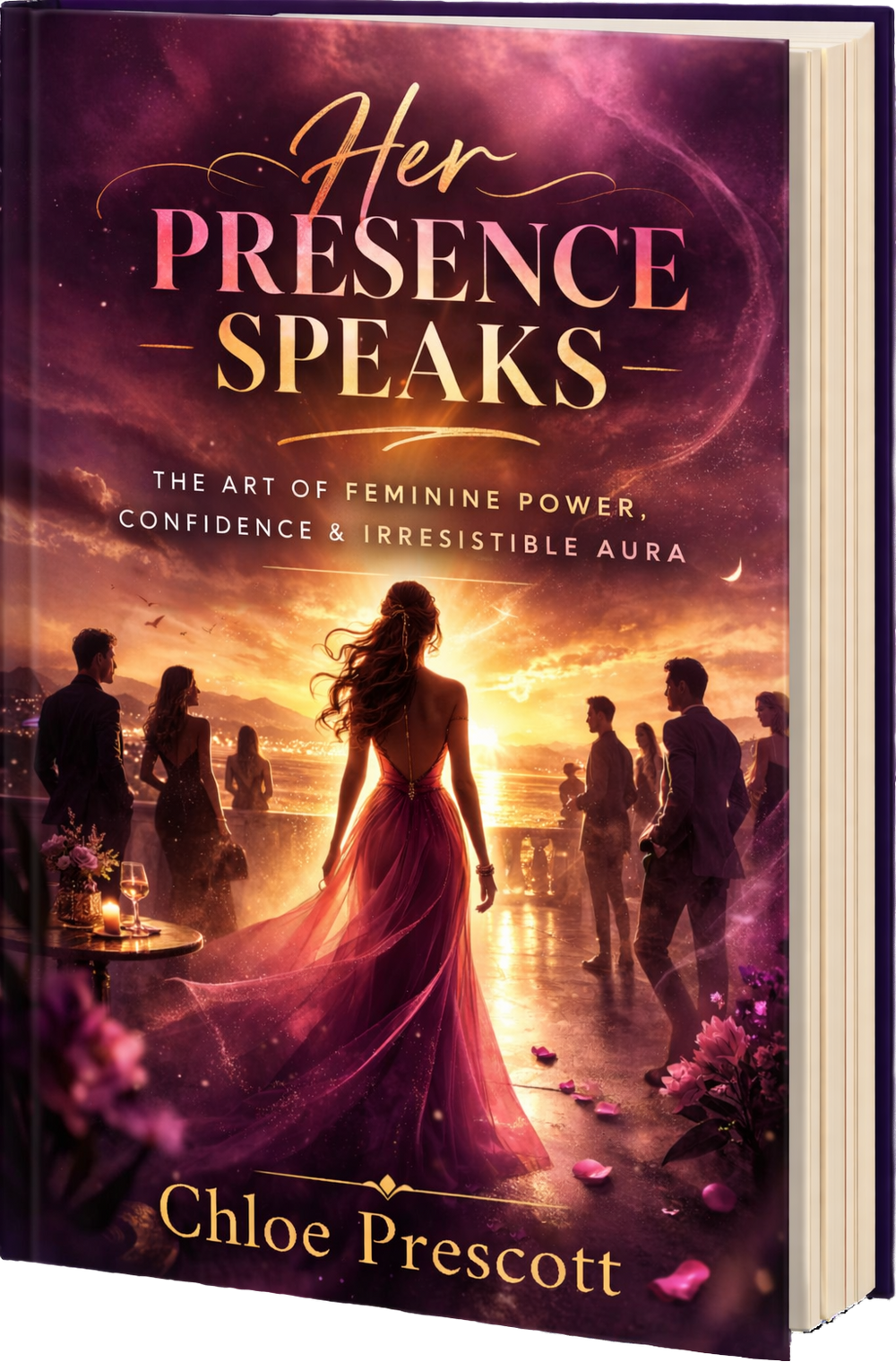 Book cover of 'Her Presence Speaks' by Chloe Prescott with a woman in a dress standing in front of a sunset.