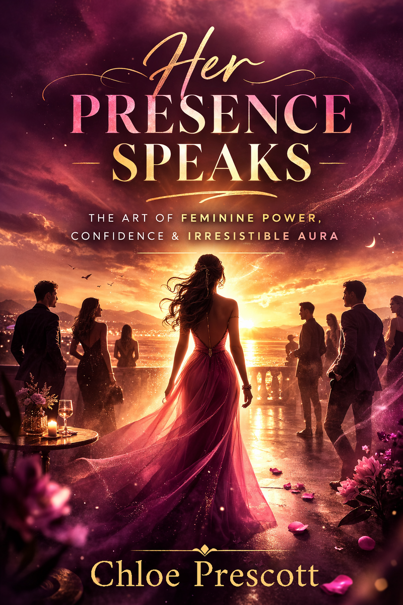 Book cover of 'Her Presence Speaks' by Chloe Prescott with a woman in a pink dress against a sunset background.